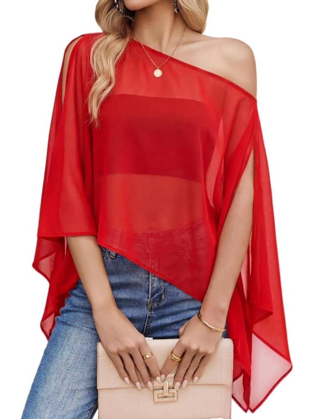 Women's Red Off Shoulder Chiffon Batwing Slit Sleeve Sheer Loose Blouse